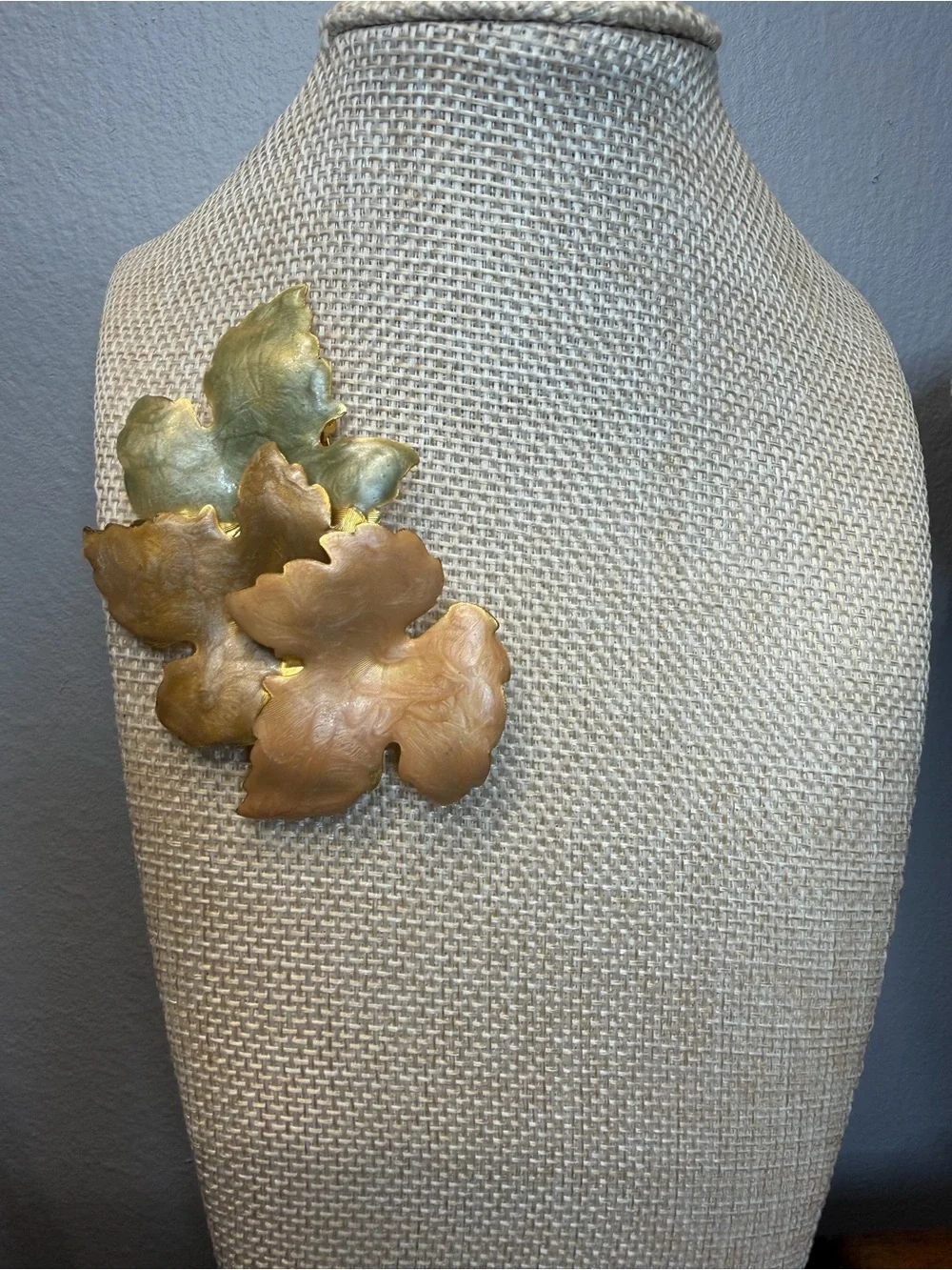 Gold and Light Green enamel Leaf Brooch
